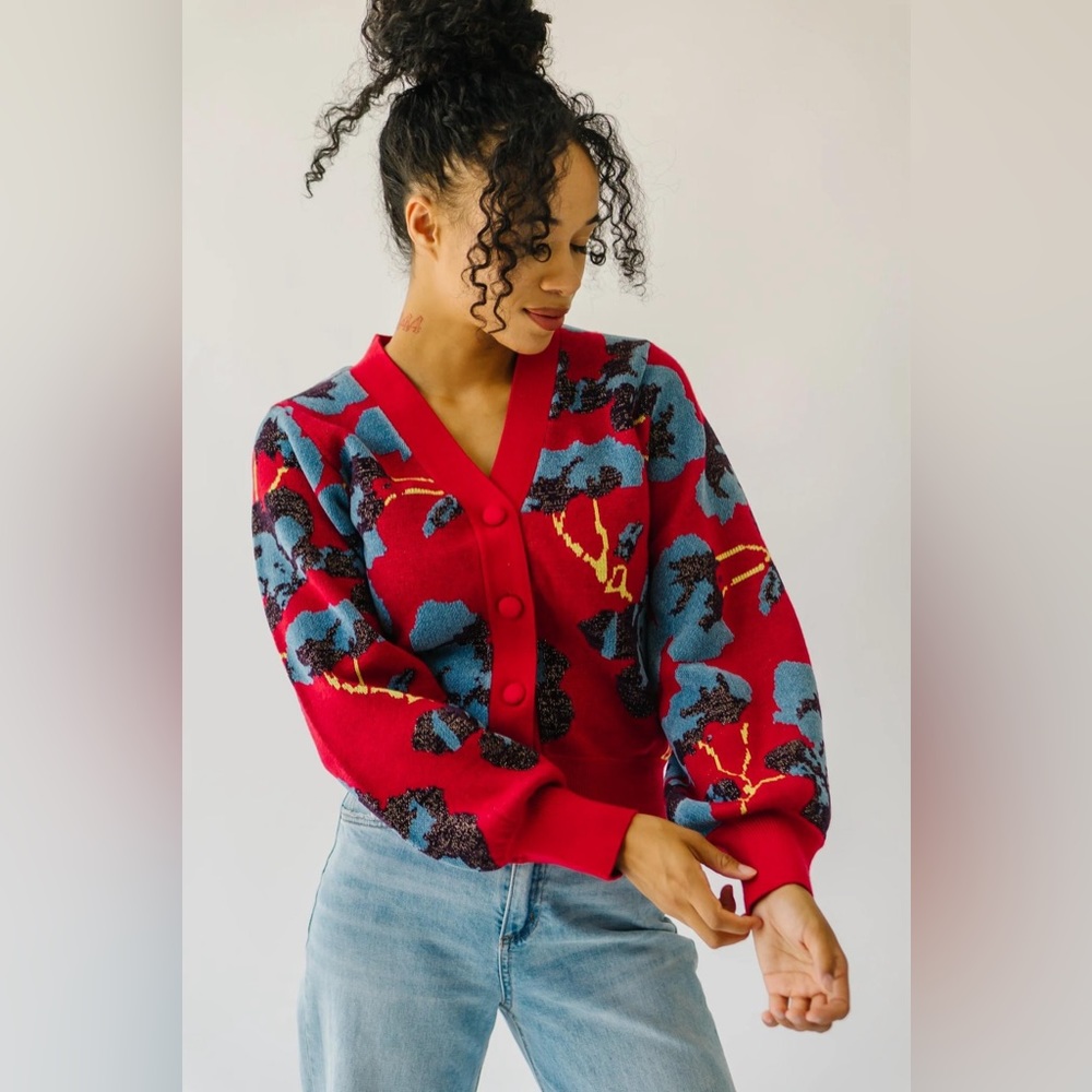 Red Patterned V-Neck Cardigan Sweater